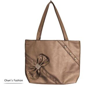 Women's Medium-Sized Faux Leather Bronze/Brown Crossbody Bag w/ Bow Bling NWT